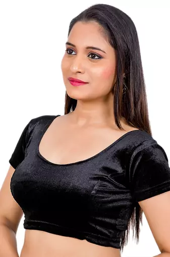 Velvet Black Short Sleeves Stretchable Readymade Saree Blouse