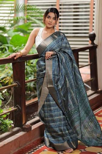 Blue Geometric Design Embellished Cotton Silk Saree