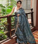 Blue Geometric Design Embellished Cotton Silk Saree