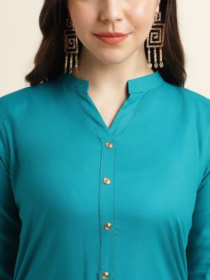 Rayon Solid Plain Straight Kurti (Turquoise) 6