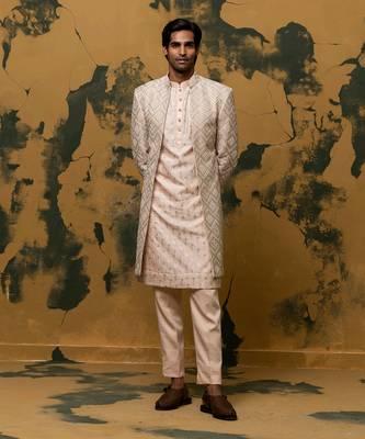 Beige zari embroidered sherwani set 1