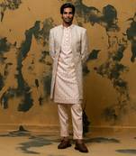 Beige zari embroidered sherwani set