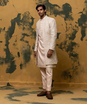 Beige zari embroidered sherwani set 2