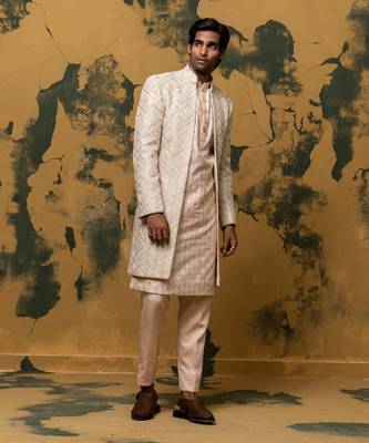 Beige zari embroidered sherwani set 3