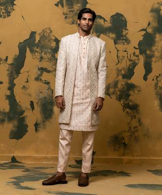 Beige zari embroidered sherwani set 4