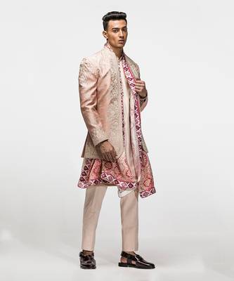 Subdued peach embroidered bandhgala set 1