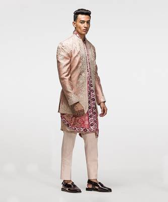 Subdued peach embroidered bandhgala set 2