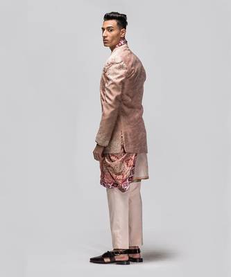 Subdued peach embroidered bandhgala set 3