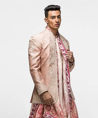 Subdued peach embroidered bandhgala set 4