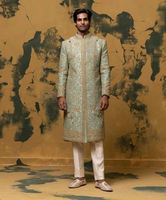 Green dori embroidered sherwani set 1