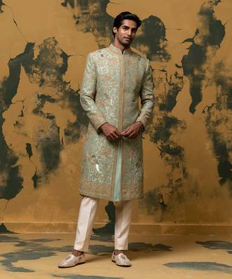 Green dori embroidered sherwani set 2