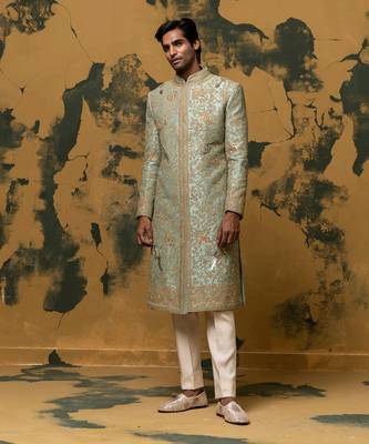 Green dori embroidered sherwani set 4