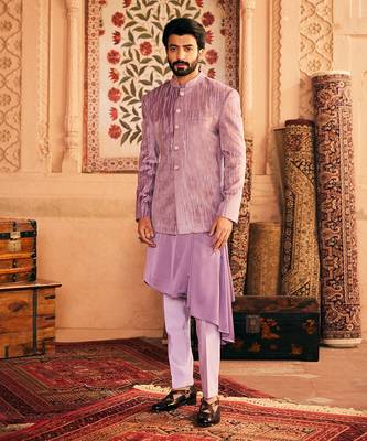 Purple velvet embroidered bandhgala set 1