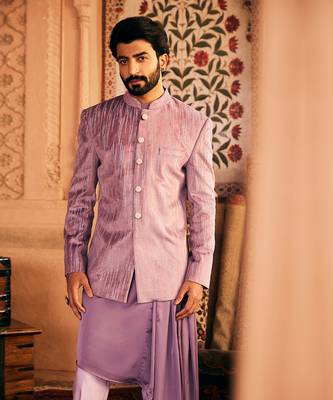 Purple velvet embroidered bandhgala set 2