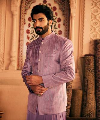 Purple velvet embroidered bandhgala set 3