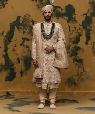 Beige floral embroidered sherwani set 1