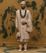 Beige floral embroidered sherwani set