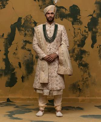 Beige floral embroidered sherwani set 2