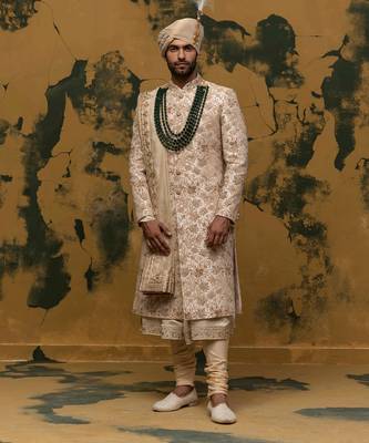 Beige floral embroidered sherwani set 3