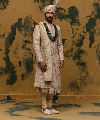 Beige floral embroidered sherwani set 4