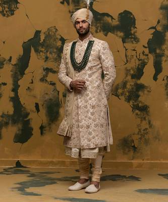 Beige floral embroidered sherwani set 5