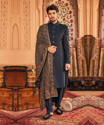 Navy blue embroidered sherwani set 1