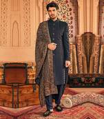 Navy blue embroidered sherwani set