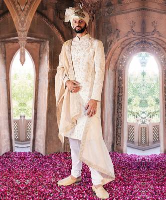 Cream embroidered sherwani set 1