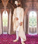 Cream embroidered sherwani set