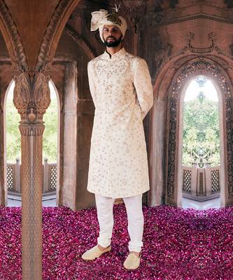 Cream embroidered sherwani set 2