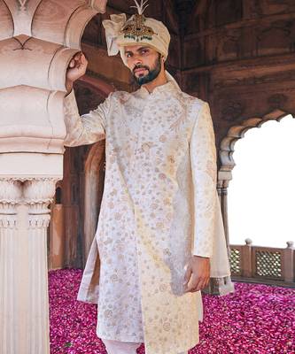 Cream embroidered sherwani set 3