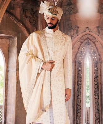 Cream embroidered sherwani set 4
