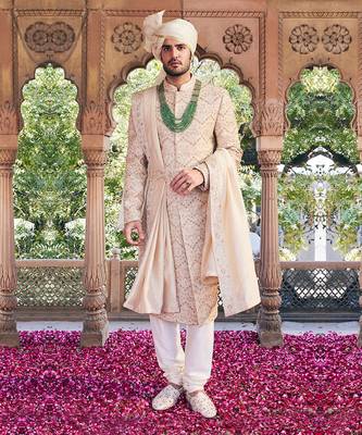 Cream pitta embroidered sherwani set 1