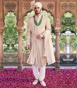 Cream pitta embroidered sherwani set