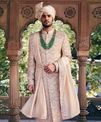Cream pitta embroidered sherwani set 2