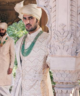 Cream pitta embroidered sherwani set 3
