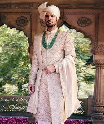 Cream pitta embroidered sherwani set 4