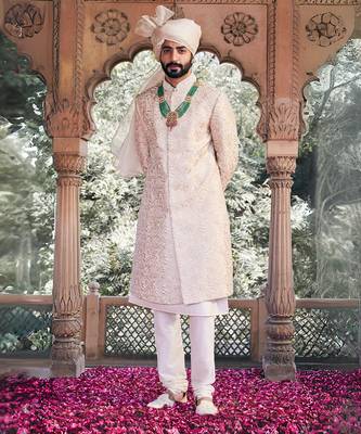 Cream floral embroidered sherwani set 1