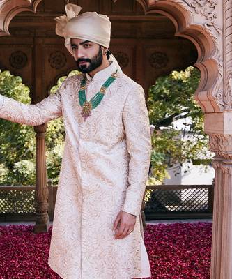 Cream floral embroidered sherwani set 3