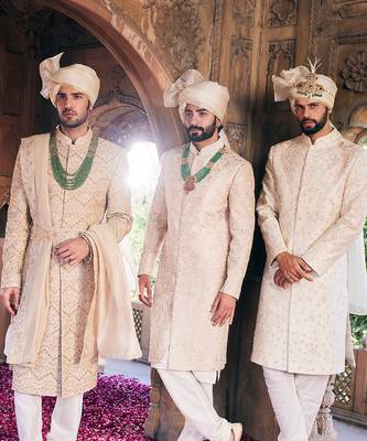 Cream floral embroidered sherwani set 4