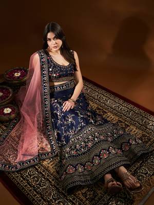 Blue Pink Embroidered Semi Stitched Lehenga Choli 1