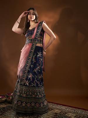 Blue Pink Embroidered Semi Stitched Lehenga Choli 2