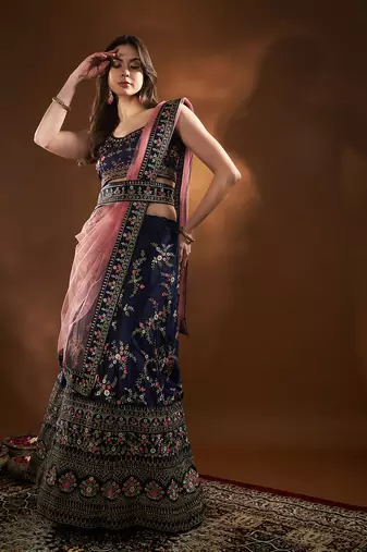 Blue Pink Embroidered Semi Stitched Lehenga Choli