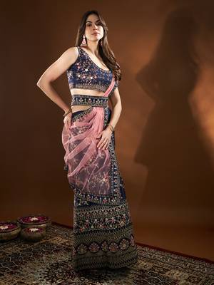 Blue Pink Embroidered Semi Stitched Lehenga Choli 3