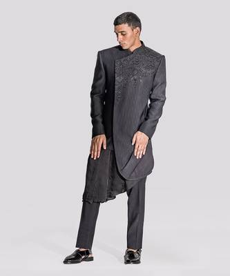 Black asymmetrical achkan set 1