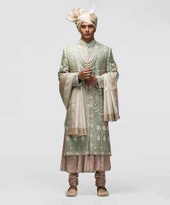 Sage green moti work sherwani set 1