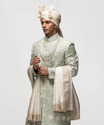 Sage green moti work sherwani set 4