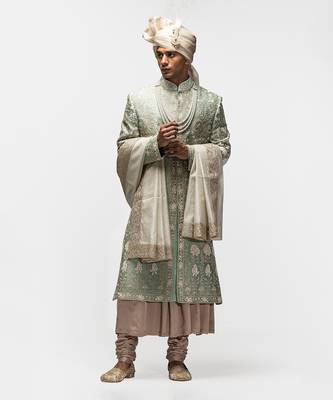 Sage green moti work sherwani set 5