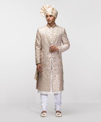 Beige sequins embroidered sherwani 1