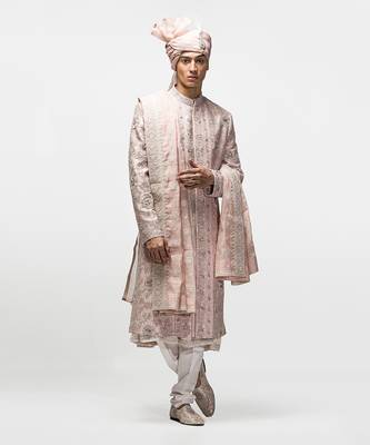 Salmon pink dori work sherwani set 1